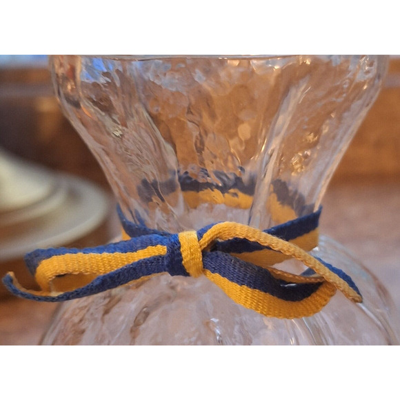 VTG SEA Glasbruk Sweden Clear Glass Bag Sack Vase Pinched Neck, 5.5" Blue/Gold - Picture 2 of 7